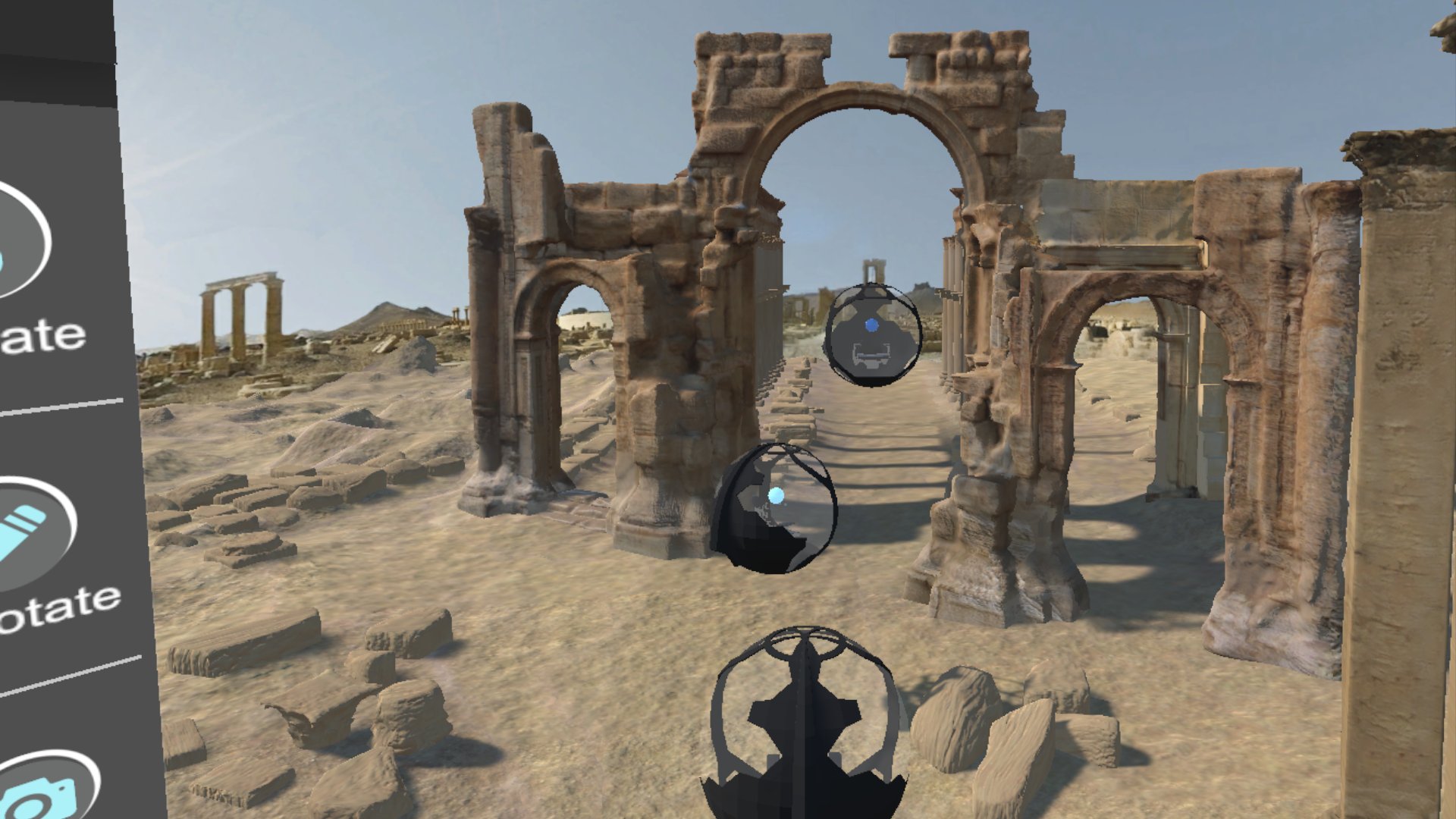 Screenshot of participants in pods, exploring Palmyra in the social VR ‘Portals to the Past’, The Arc/k Project, University of Oklahoma and Oklahoma Virtual Academic Laboratory project.