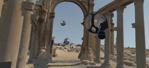 Screenshot of participants in pods exploring Palmyra in the social VR ‘Portals to the Past’, The Arc/k Project, University of Oklahoma and Oklahoma Virtual Academic Laboratory project rendering